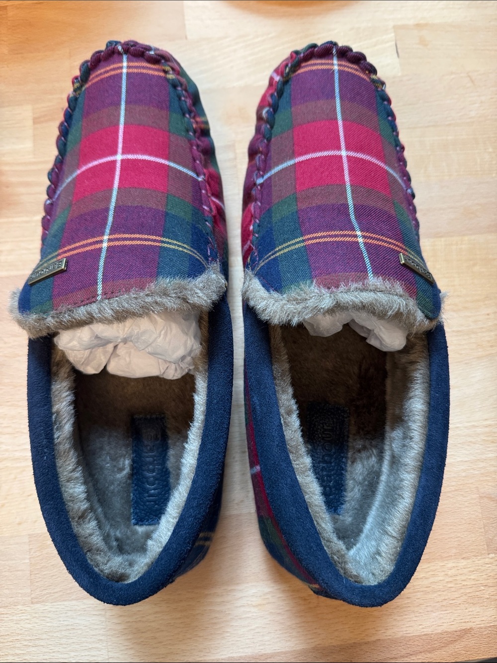 Barbour Navy Plaid Faux-Fur Lined Slip-On Slippers